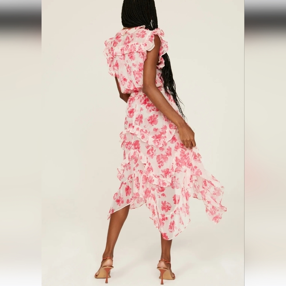 Misa LA Dakota Chiffon Floral Midi Dress XS Hi Lo Assymetrical Hem - Picture 3 of 13